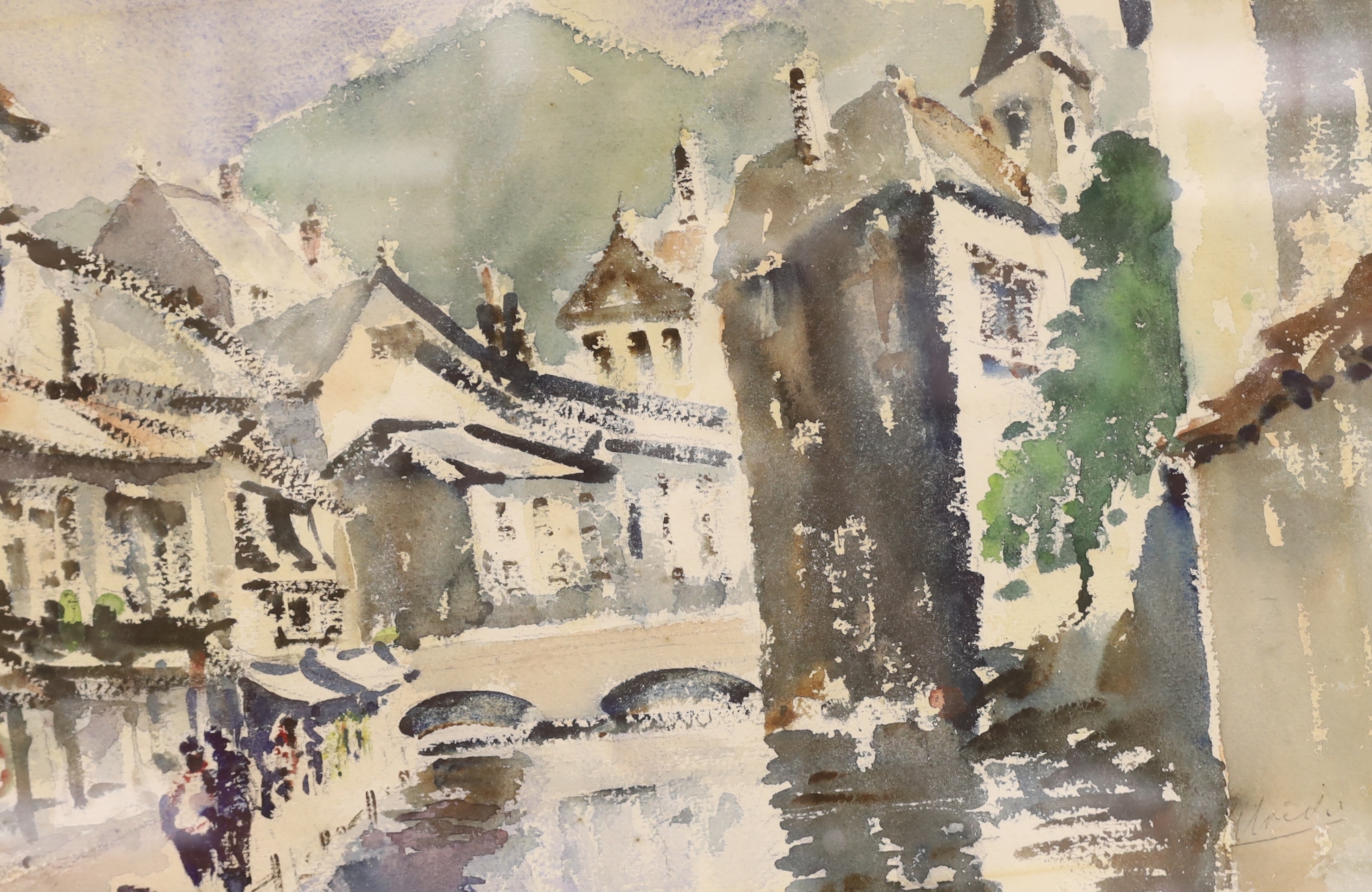 Continental School, watercolour, Canal scene, indistinctly signed, 31 x 47cm